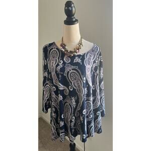 Roz & Ali Blouse Paisley Floral Purple White Stretch Tunic Keyhole Swing Top 2X